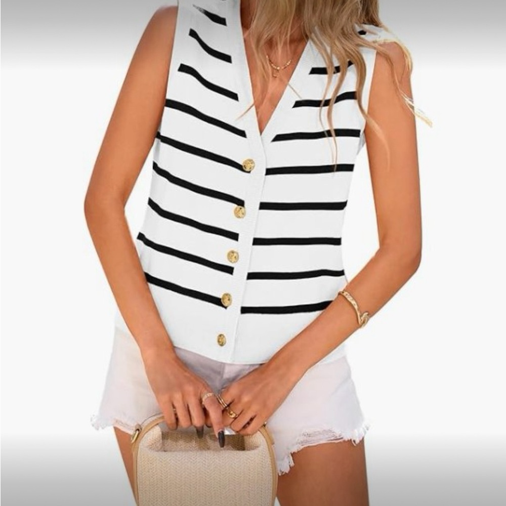 Women's Striped Sweater Vest / Sleeveless Knit - Medium